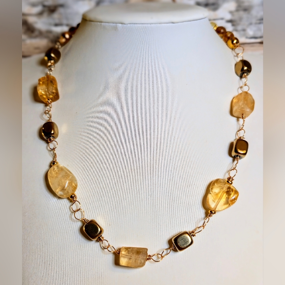 Naturally Formed Citrine In Chunky Rosary W/ Hematite In Rosary Style Necklace​